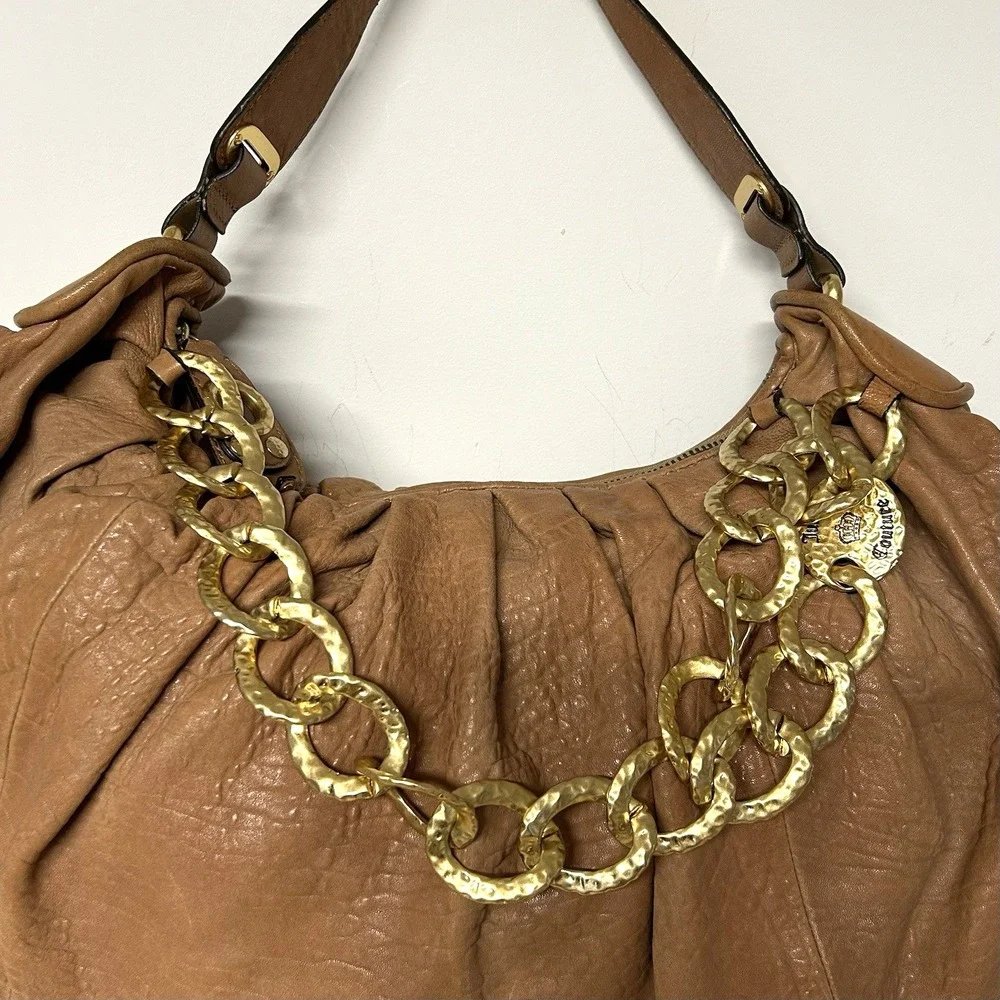 Vtg Y2k Juicy Couture Brown Leather Bag Slouchy Hobo Chunky Gold Chain Boho